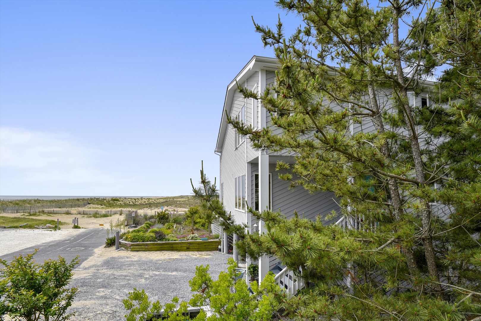 A coastal retreat nestled among pines with open marshland views and blue skies—a peaceful beachside setting perfect for your escape.