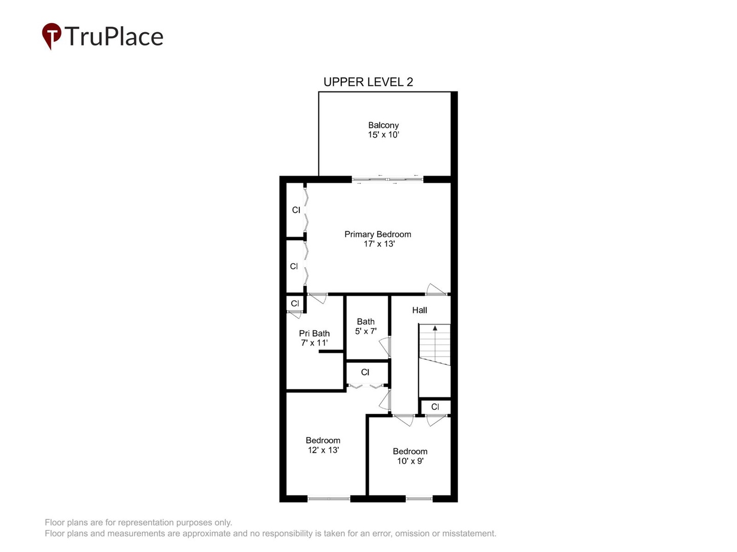 Upper level floor plan showing bedroom layouts, bathrooms, balcony access, closet spaces, and hallway connecting the rooms—ideal for understanding property layout.