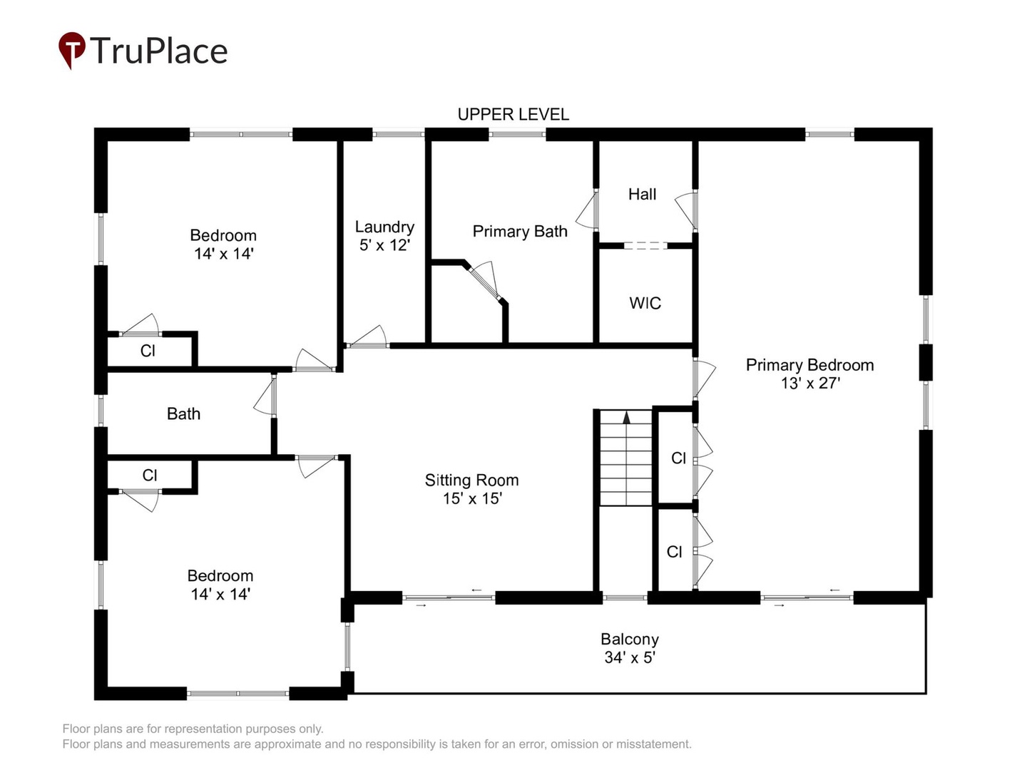 Detailed upper level floor plan shows three bedrooms, two full baths, sitting room, laundry, and private balcony spanning the property width.
