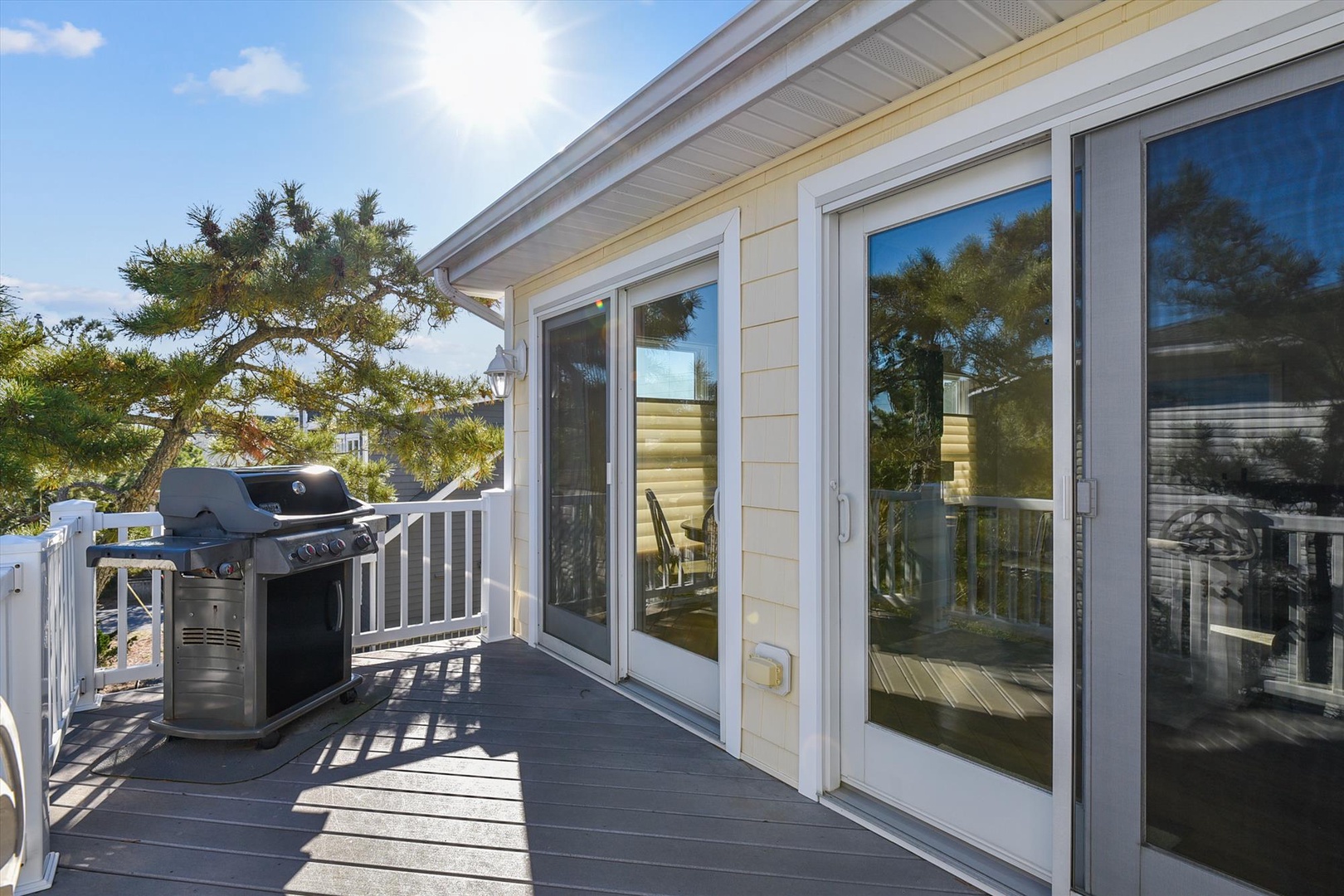 Bright sunlit deck with BBQ facilities featuring a modern grill, surrounded by coastal greenery and blue skies—perfect for outdoor grilling and al fresco dining.