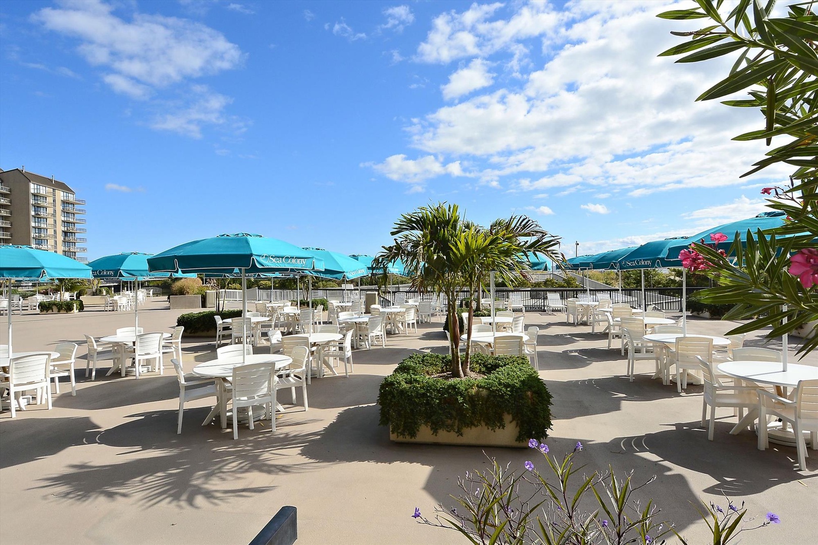 Spacious outdoor terrace with white tables, turquoise umbrellas, and tropical plants creates perfect al fresco dining.