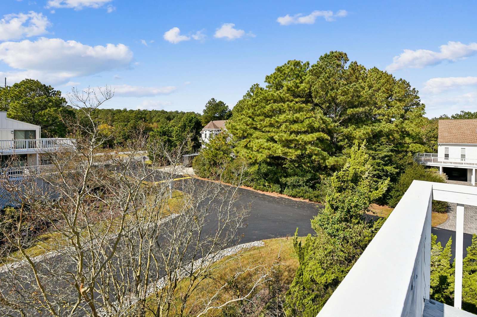 A peaceful residential neighborhood framed by mature trees and open sky, offering a quiet, suburban setting for your getaway.
