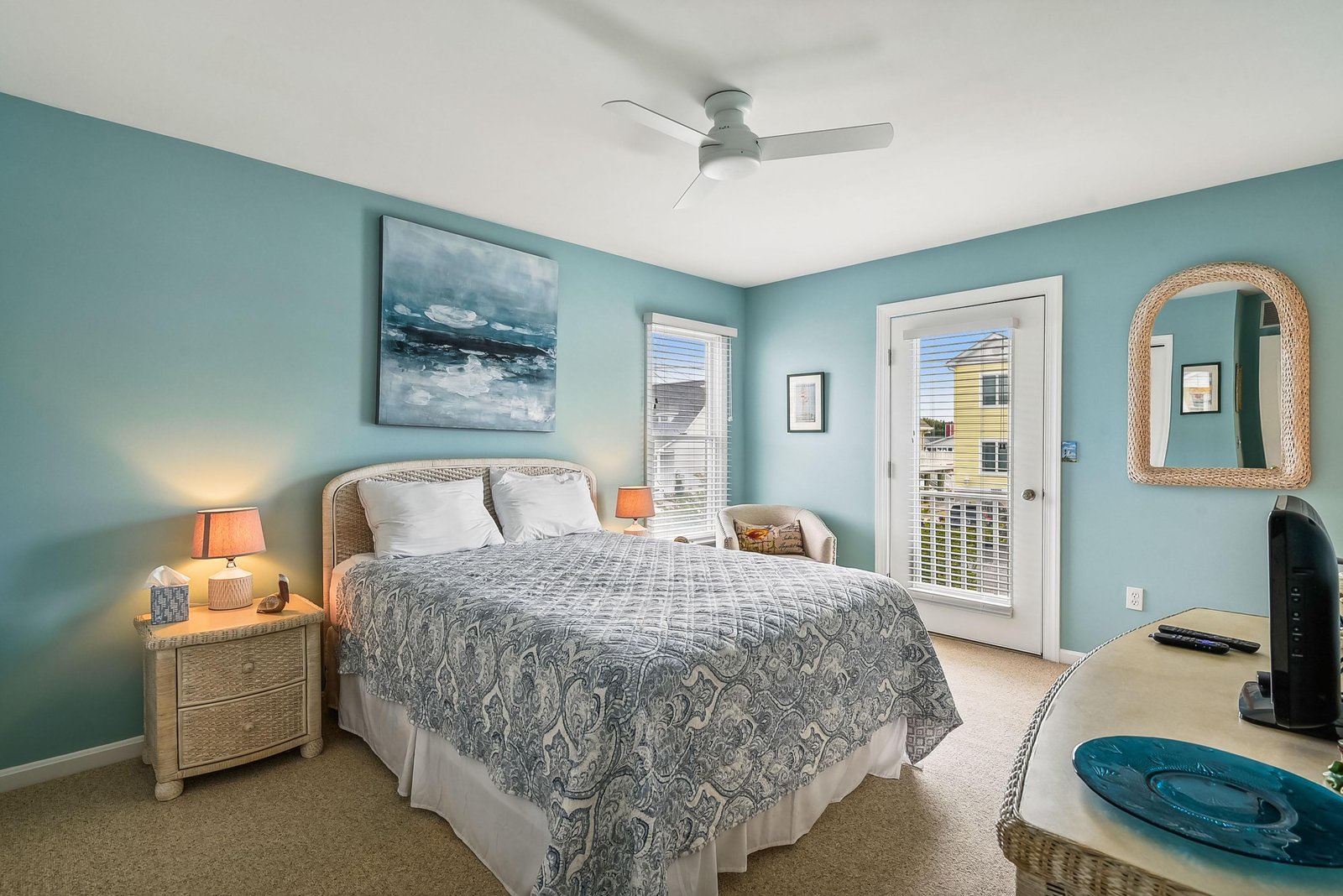 Unwind in your serene coastal retreat with a queen bed, soft linens, and calming sea-blue tones. Step out to your private balcony for fresh breezes and peaceful moments.