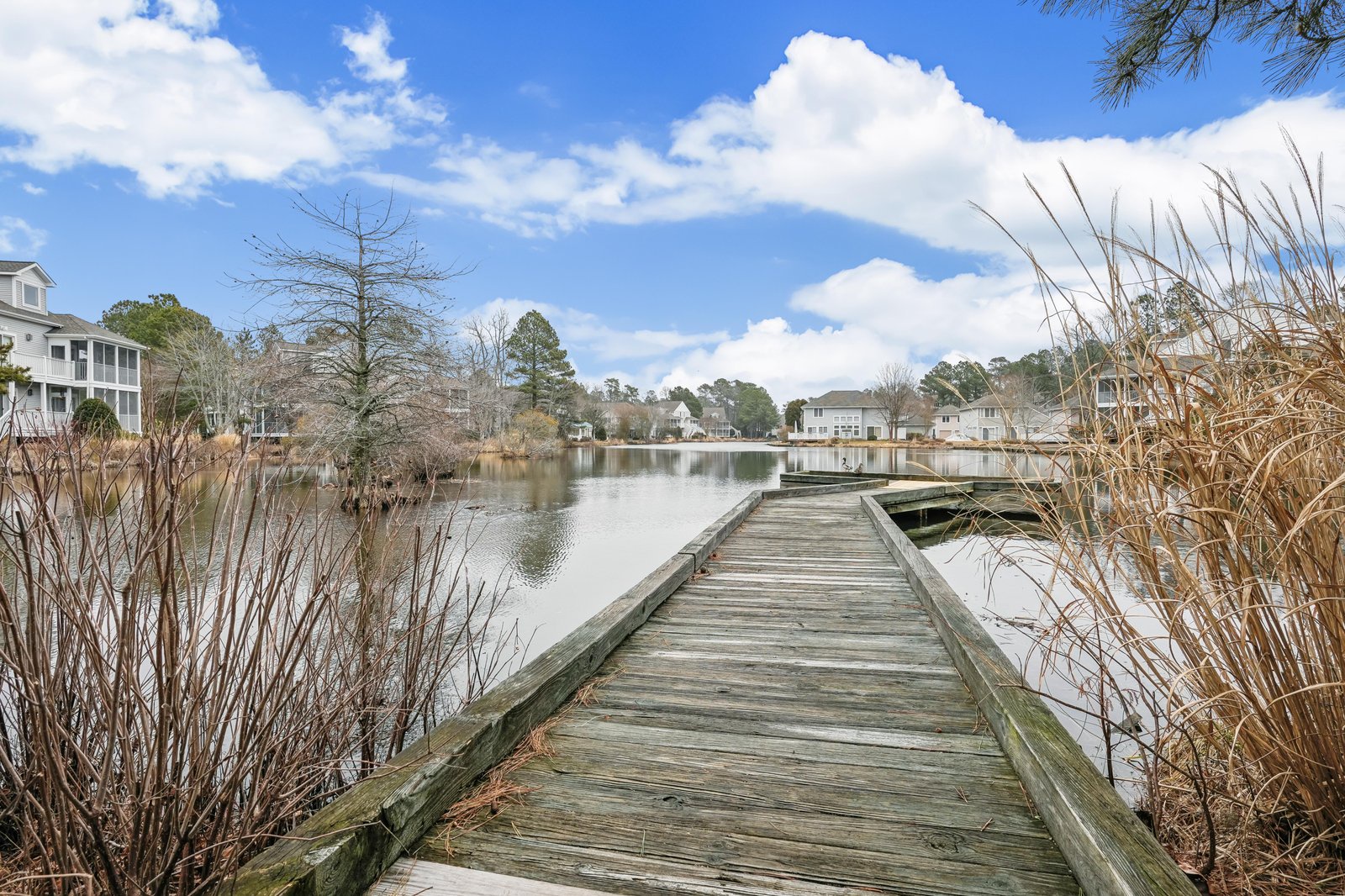 A private dock extends over calm lake waters, surrounded by residential homes and natural grasses under bright blue skies—part of the property's scenic waterfront setting.