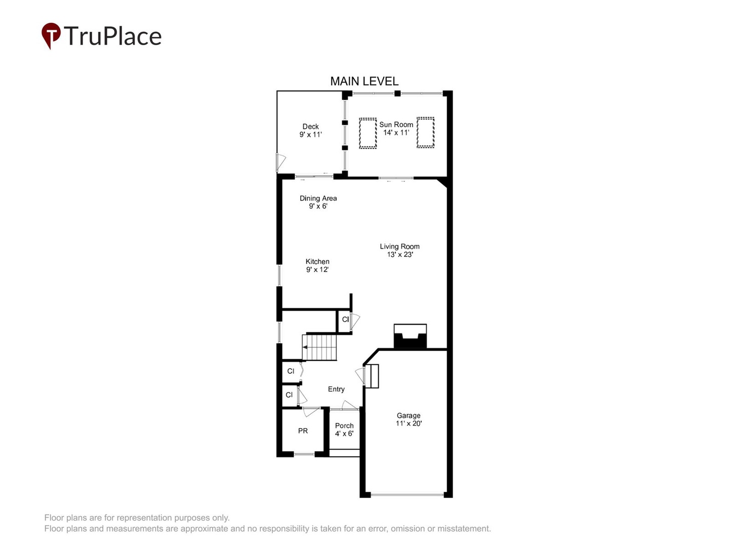 Clear floor plan showcasing the main level layout with spacious living areas, kitchen, and convenient garage access.