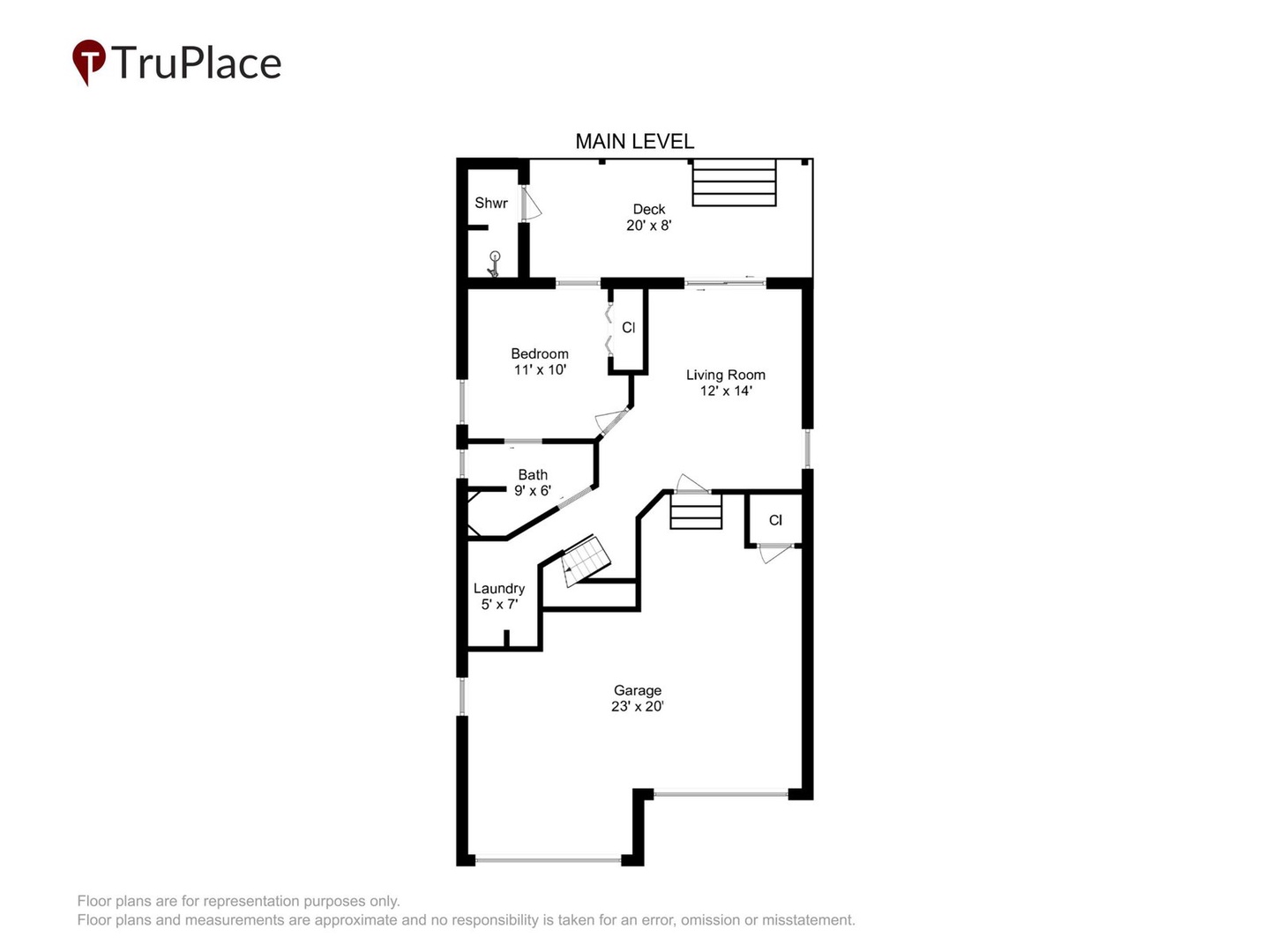 Main level layout showing bedroom, living room, bath, laundry, garage, and private deck—everything laid out for your easy stay.