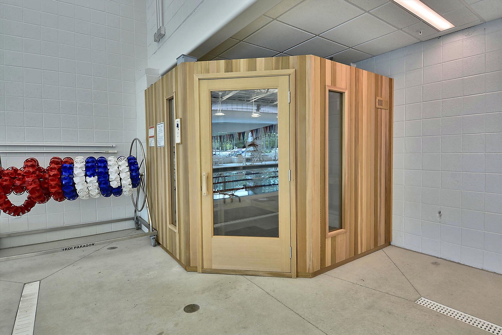 Unwind in your private sauna, beautifully crafted with warm wood and glass doors for a rejuvenating spa experience.