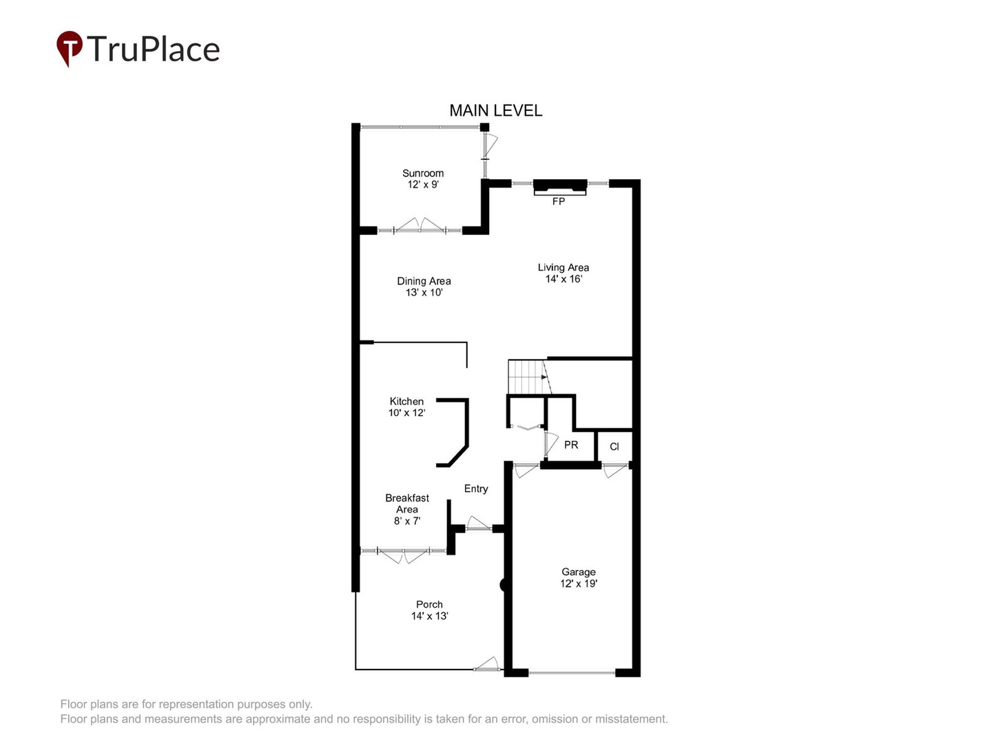 Main level floor plan showing the open layout, living and dining areas, full kitchen, breakfast nook, sunroom, garage, and porch—all thoughtfully designed for your comfort.