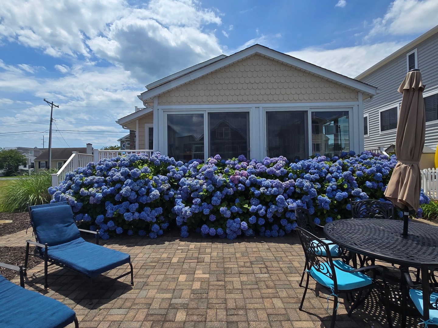 A coastal property in a quiet residential neighborhood, surrounded by lush blooming hydrangeas and offering a peaceful retreat near the water.