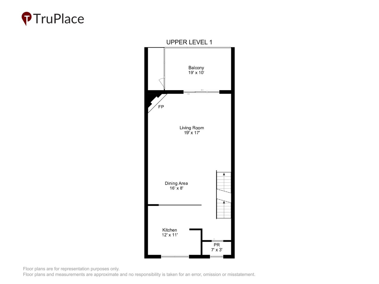 This floor plan shows Upper Level 1 with a spacious living room, dining area, full kitchen, balcony, and fireplace—your home away from home.