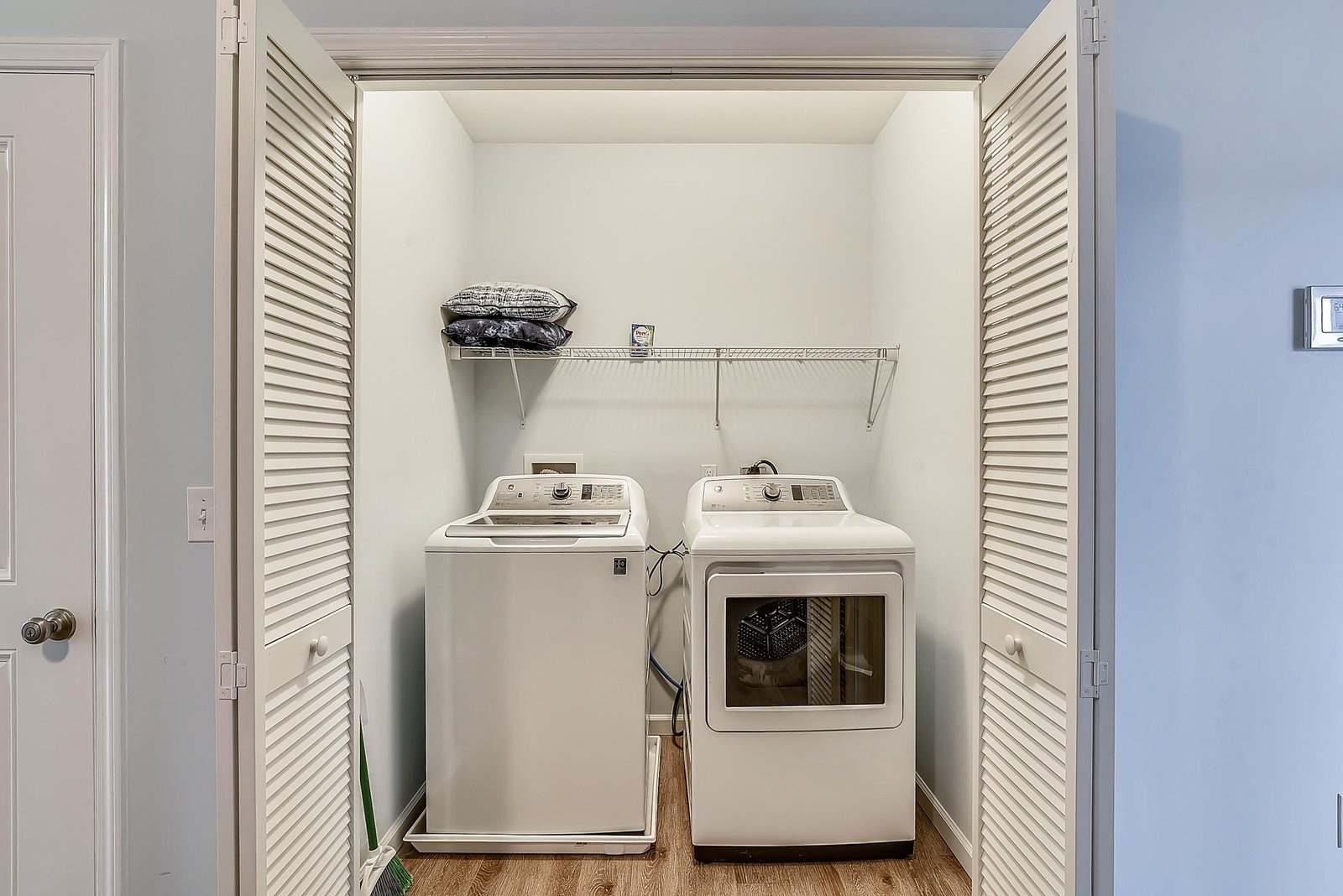 Keep your wardrobe fresh with your own in-unit washer and dryer tucked neatly in a dedicated laundry closet. No coin slots, no shared spaces—just convenient, private laundry whenever you need it.