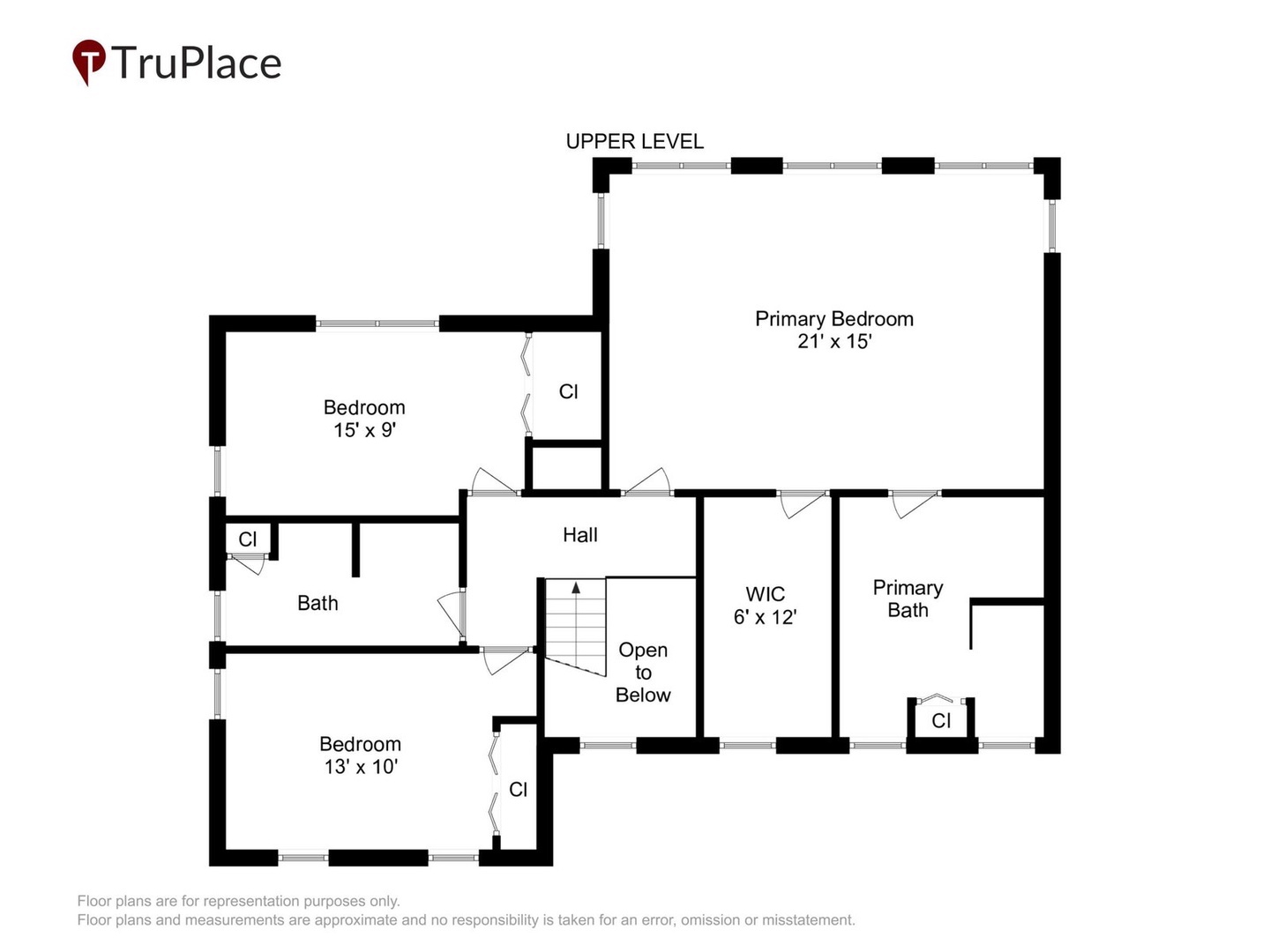 Upper level floor plan showing three bedrooms including a spacious primary suite with walk-in closet and en-suite bath, two additional bedrooms, a hall bath, and open loft area.
