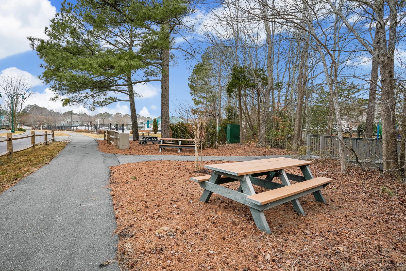 The property's picnic area features shaded tables surrounded by tall pines—a peaceful spot for morning coffee or relaxing between lake adventures.