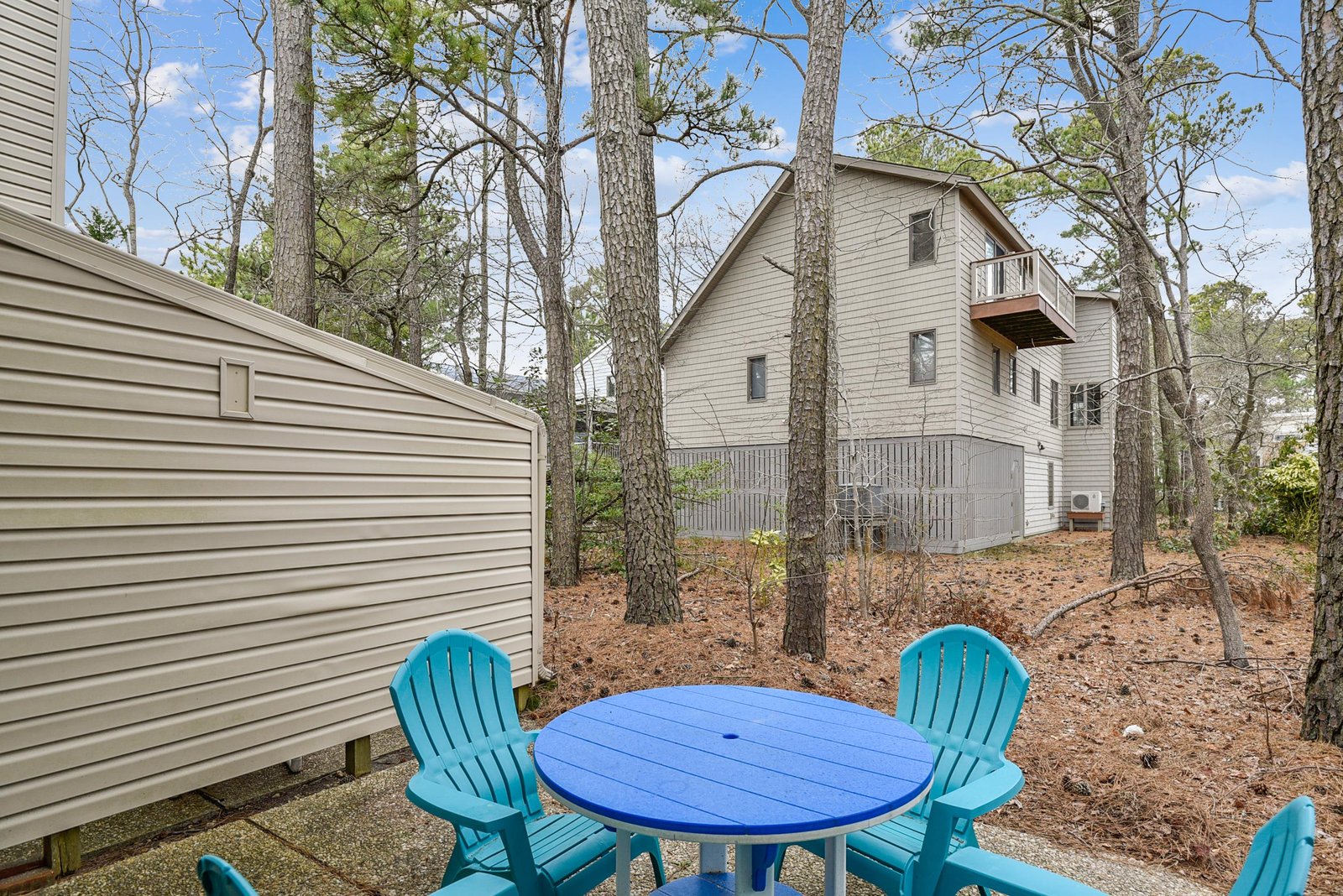 A shaded outdoor space surrounded by tall pines offers a quiet spot to enjoy morning coffee or evening conversation with neighbors.