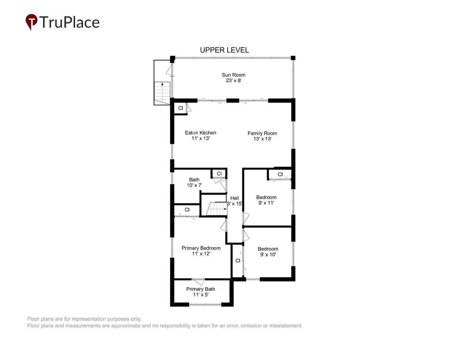 Upper-level floor plan showing sunroom, eat-in kitchen, family room, three bedrooms, and two full baths with closet storage throughout.