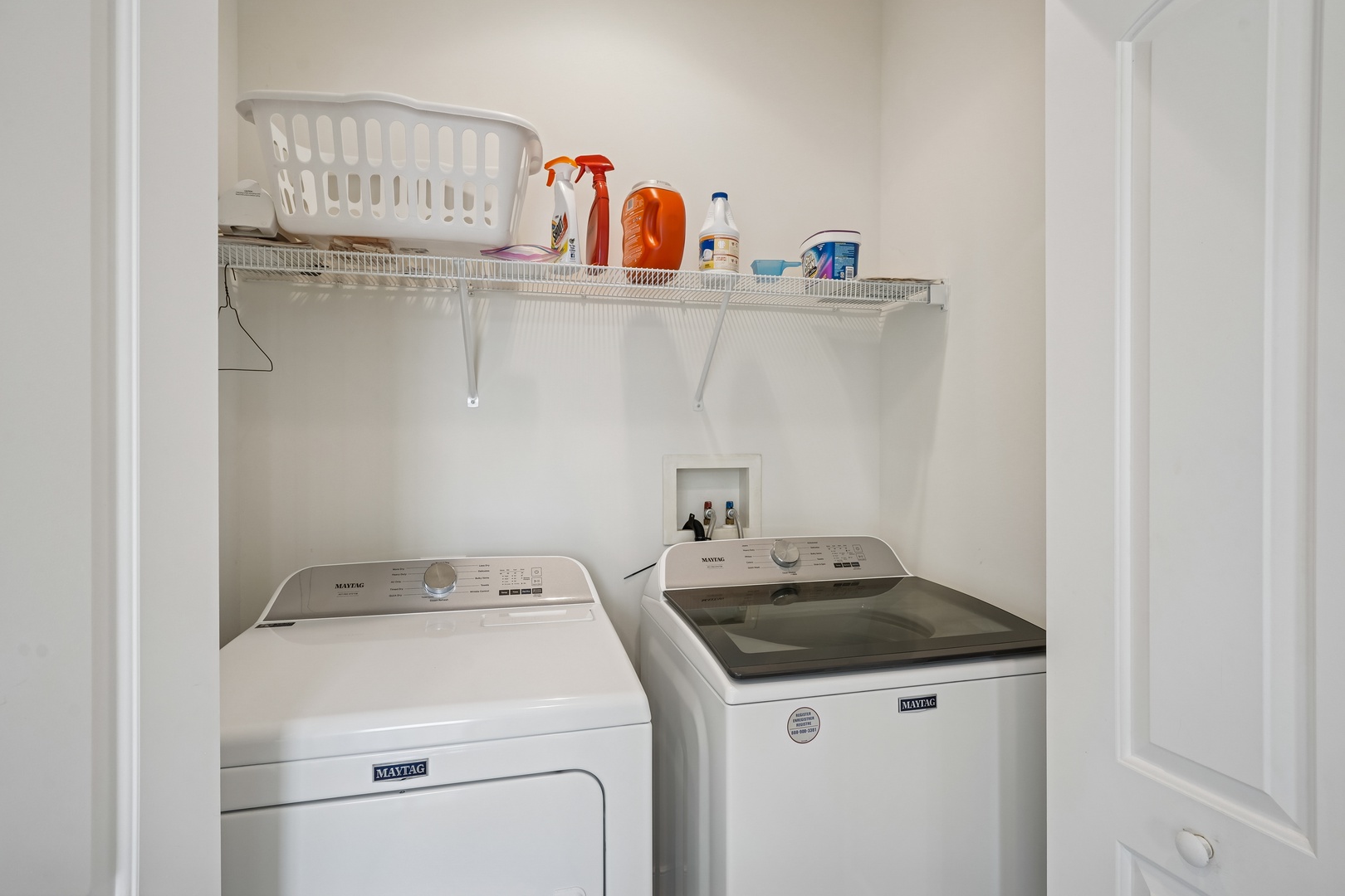 Your dedicated laundry space keeps your vacation wardrobe fresh with full-size washer and dryer, plus storage shelf for all your essentials.