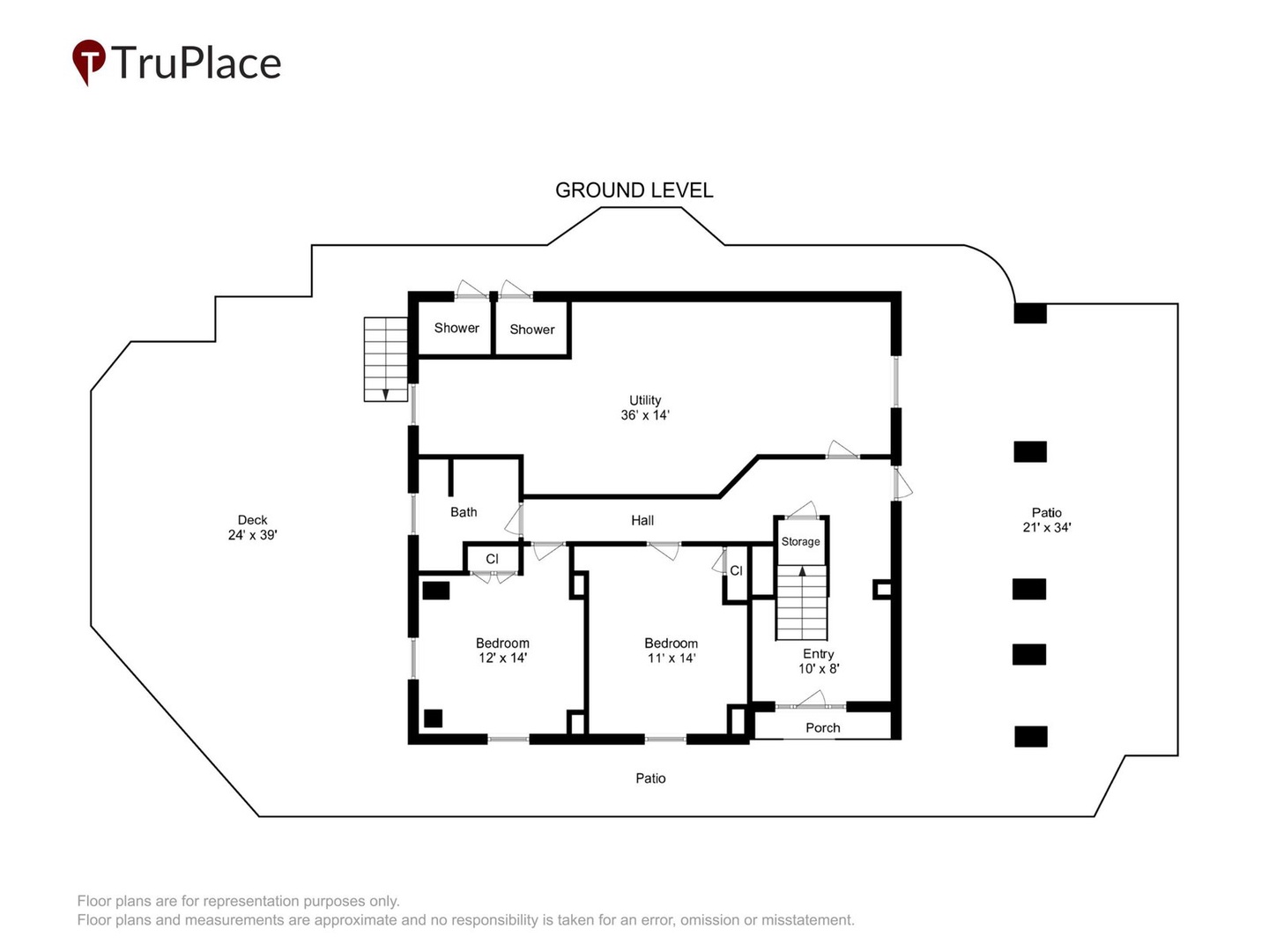 This floor plan shows the ground level layout with two bedrooms, shared bathrooms, and dual outdoor patios perfect for relaxing and entertaining.