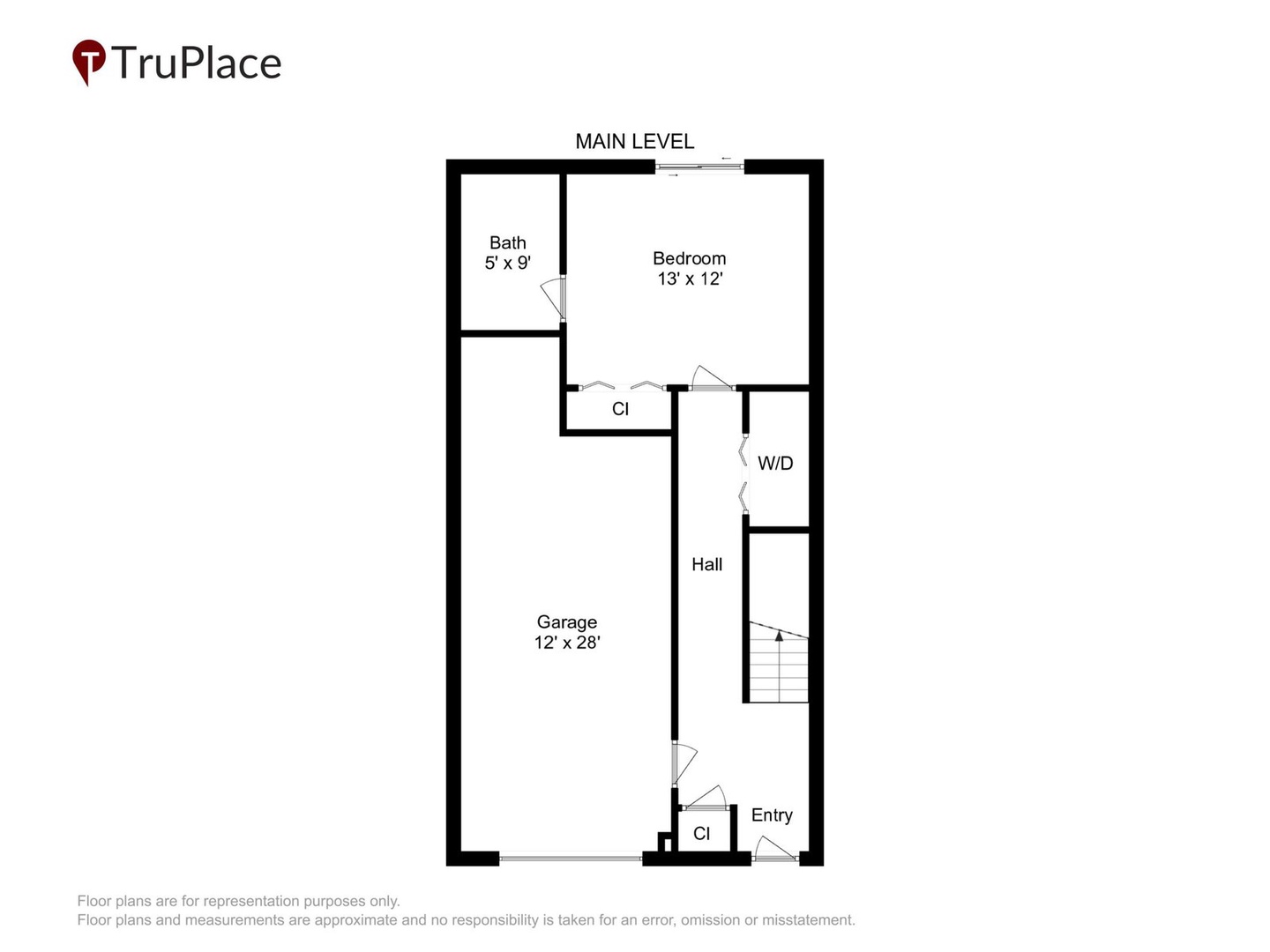 Property floor plan illustrating the main level layout with bedroom, bath, garage, entry, and washer/dryer location for reference.