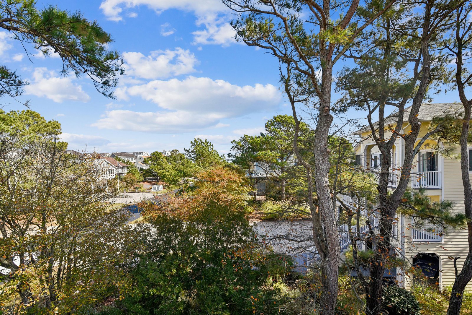 The property sits within a peaceful coastal neighborhood, framed by mature pines and surrounded by charming residential architecture.