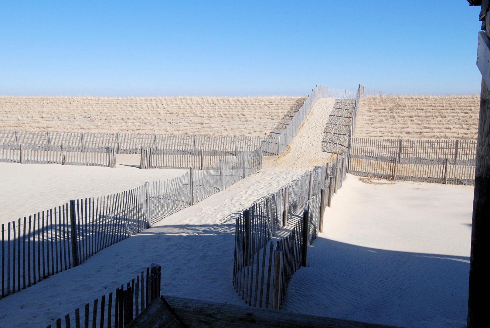 A pristine sandy pathway leads through protective dunes, offering easy beach access with clear blue skies overhead—a peaceful coastal setting near the property.