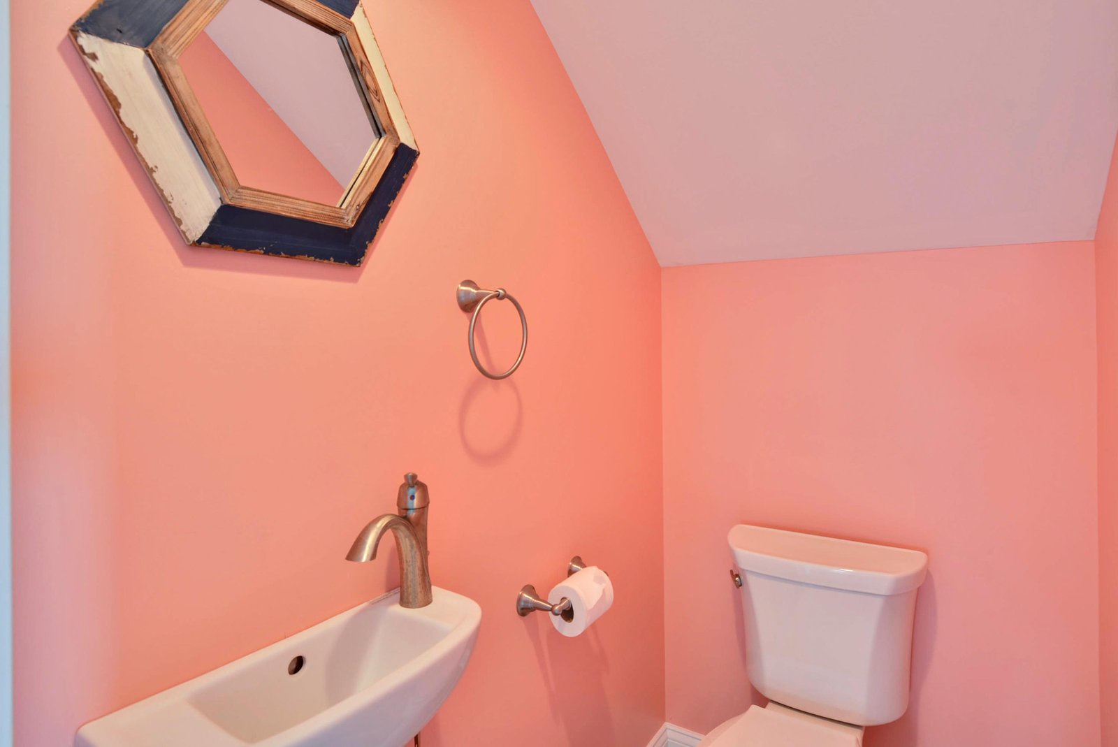 Step into your powder room and enjoy the cheerful coral-pink walls that instantly lift your mood. The skylight overhead brings natural light cascading down, making the compact space feel bright and airy.