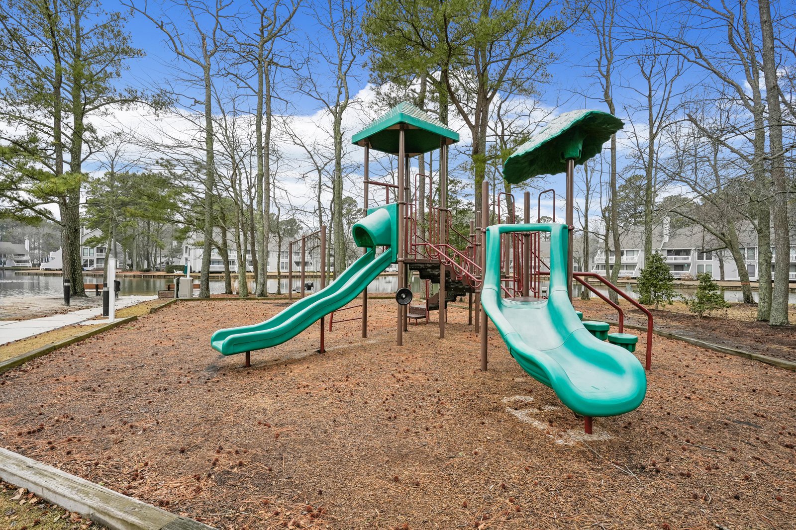 A welcoming waterfront playground offers dual slides and climbing structures, perfect for family fun surrounded by peaceful lake views and towering trees.