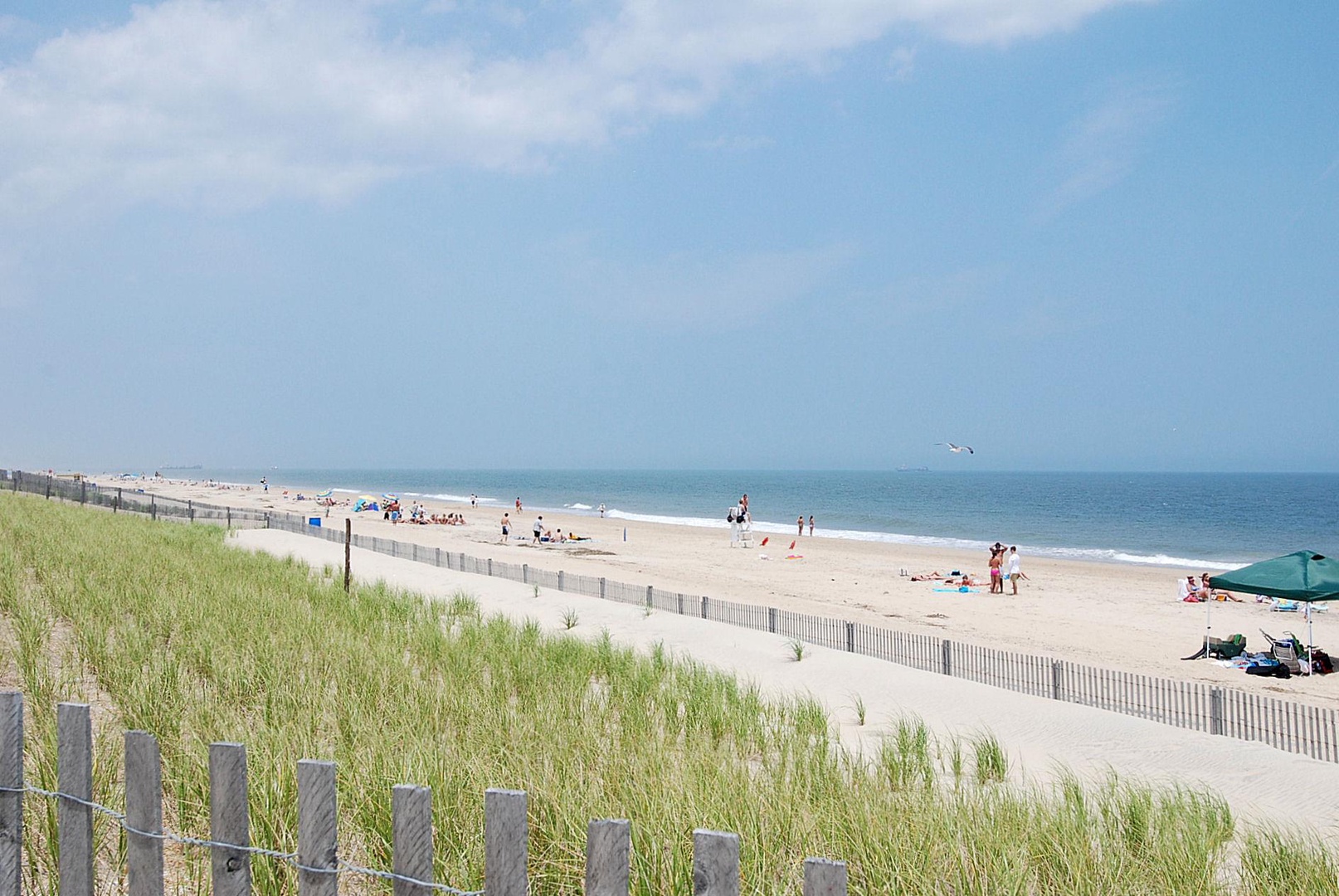 Wide stretch of sandy shoreline surrounded by coastal dunes and gently rolling surf, with beach-goers scattered along the waterfront.