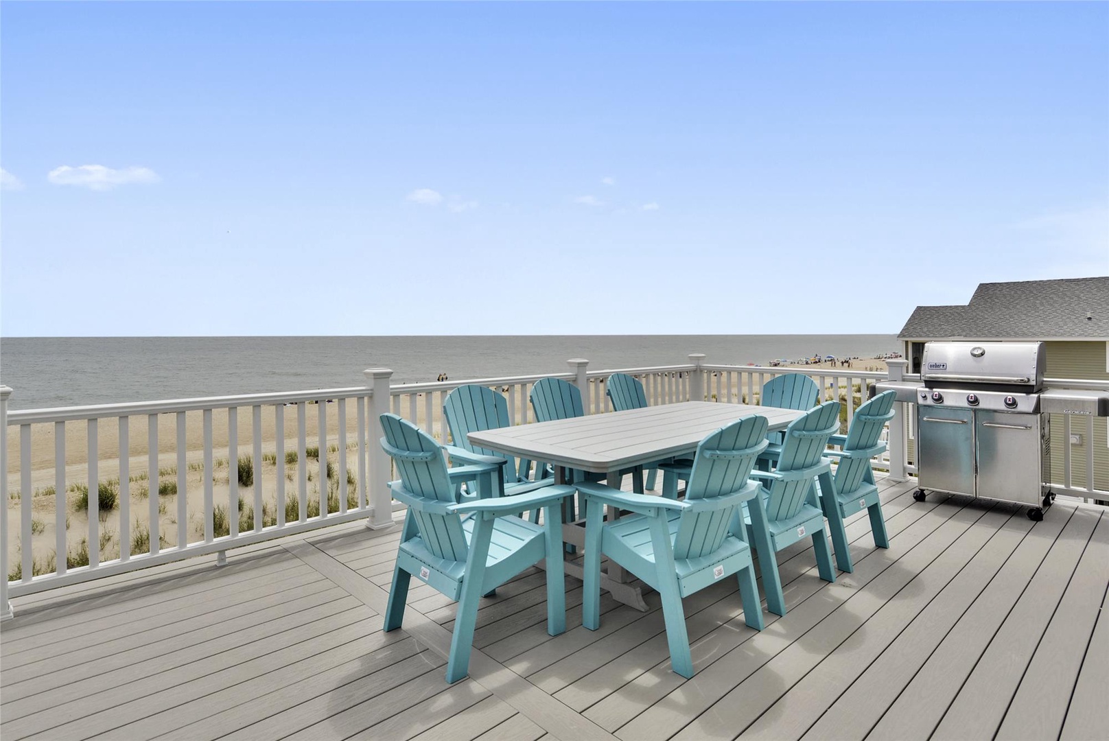 Gather around this coastal dining set on your private deck, where ocean breezes and endless water views create the perfect backdrop for your morning coffee or sunset barbecues.