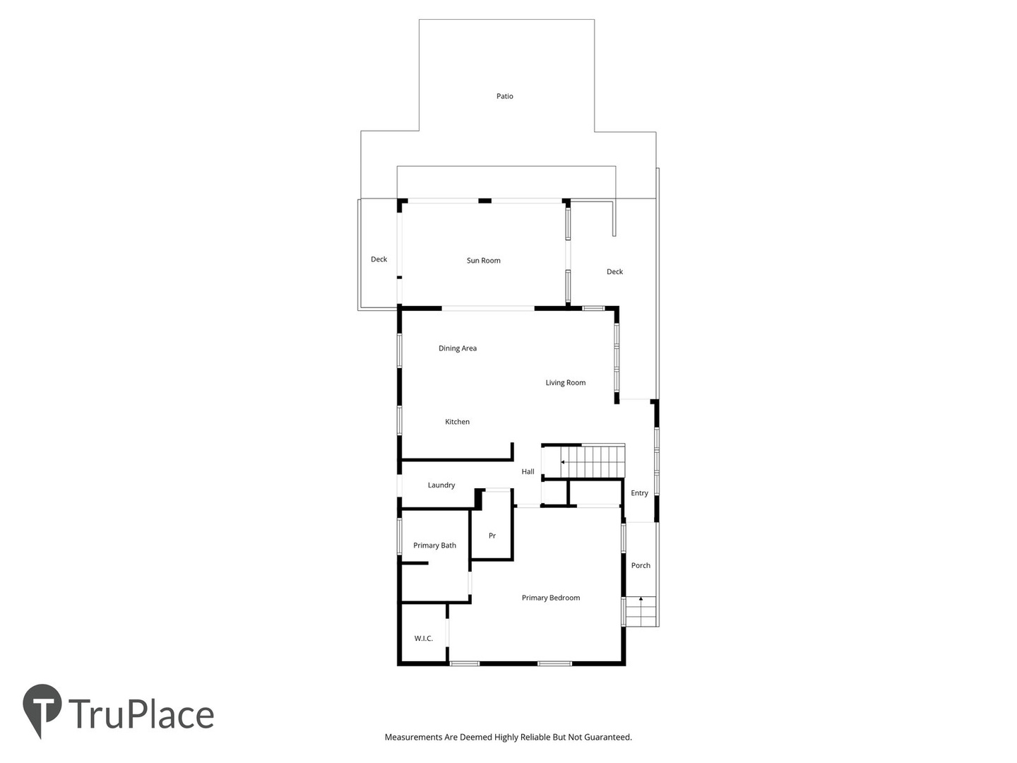 A detailed floor plan showcasing the property's thoughtful layout, including a spacious living room, dining area, full kitchen, primary bedroom, sunroom, patio, and convenient laundry facilities.