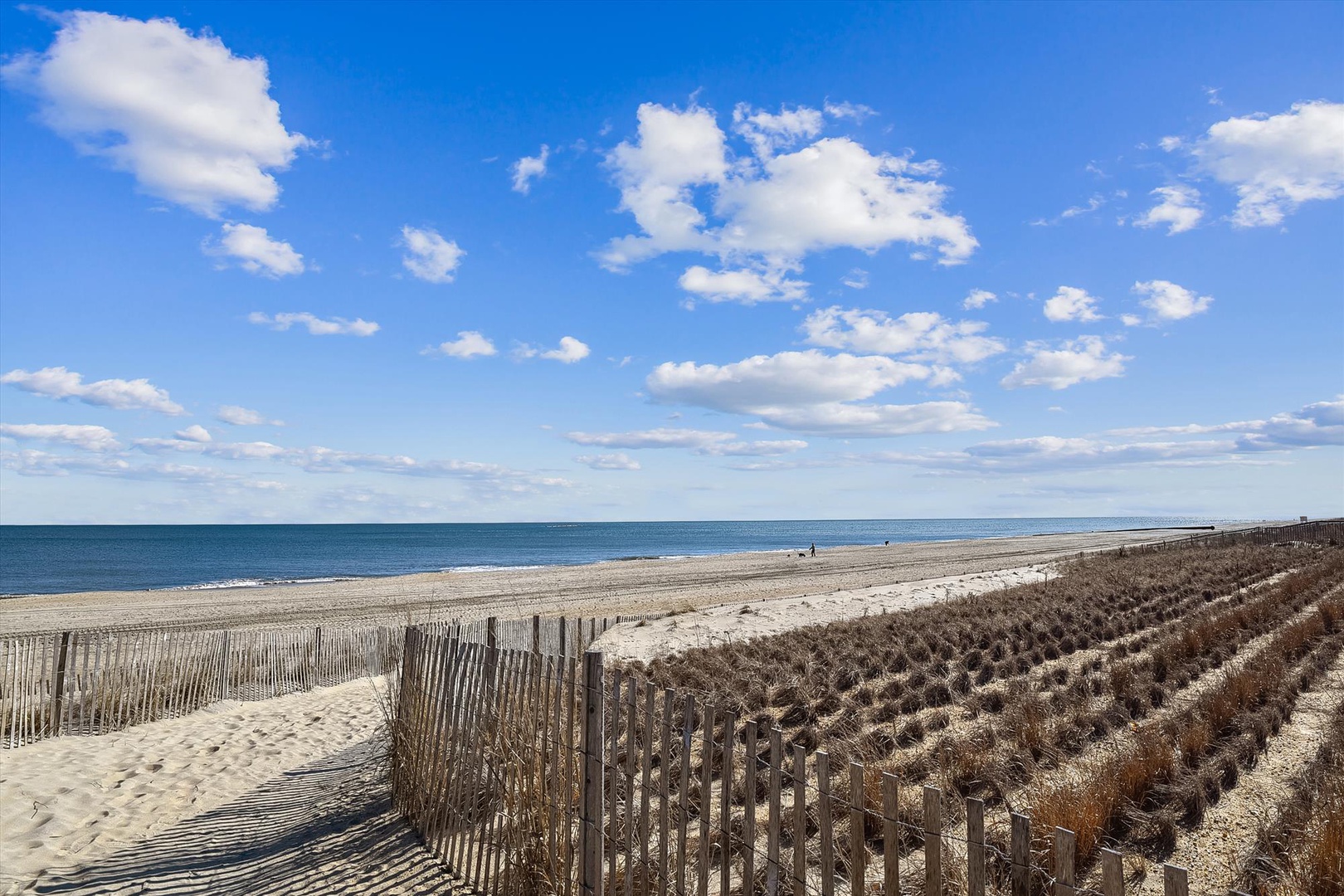 Pristine sandy beach with dune grass and protective fencing along the serene shoreline, offering a peaceful coastal escape under bright blue skies.
