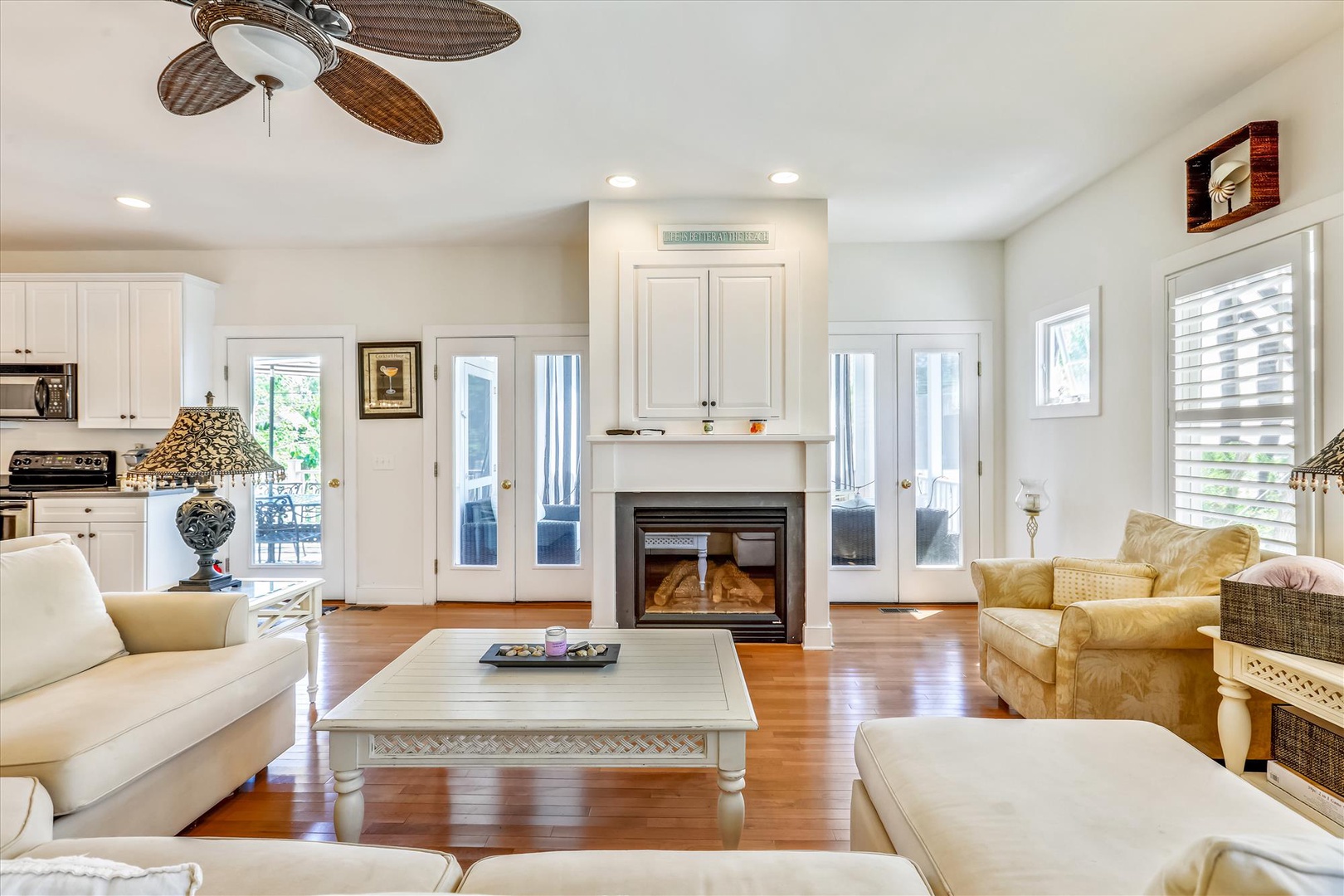 Sink into plush seating and warm up by your private fireplace—this bright, elegant living space is the perfect spot to unwind after your adventures.
