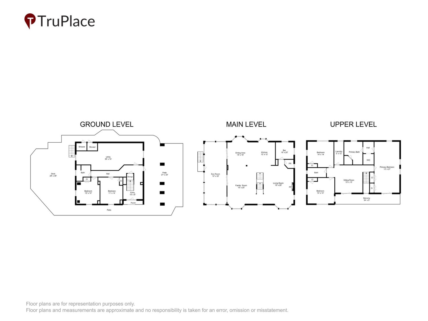 A complete floor plan layout showing three levels of the property, including bedrooms, bathrooms, living spaces, and kitchen areas across ground, main, and upper floors.