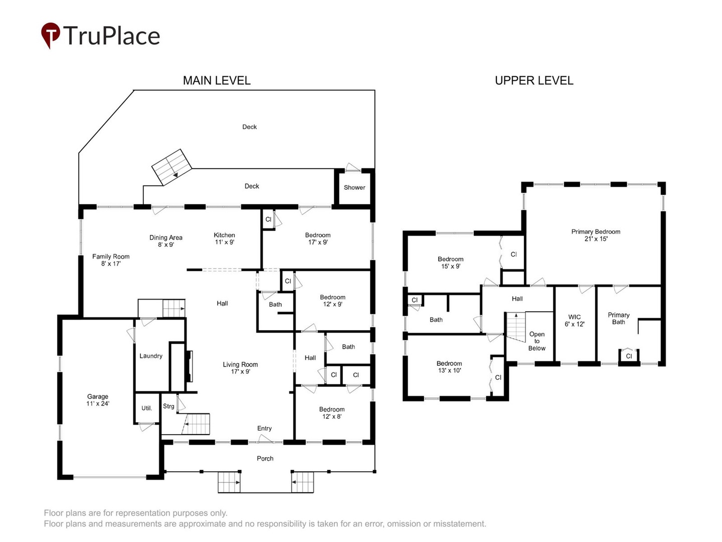 Detailed floor plan showcasing the layout of this spacious two-level vacation rental, with multiple bedrooms, bathrooms, living areas, and outdoor deck space for your stay.