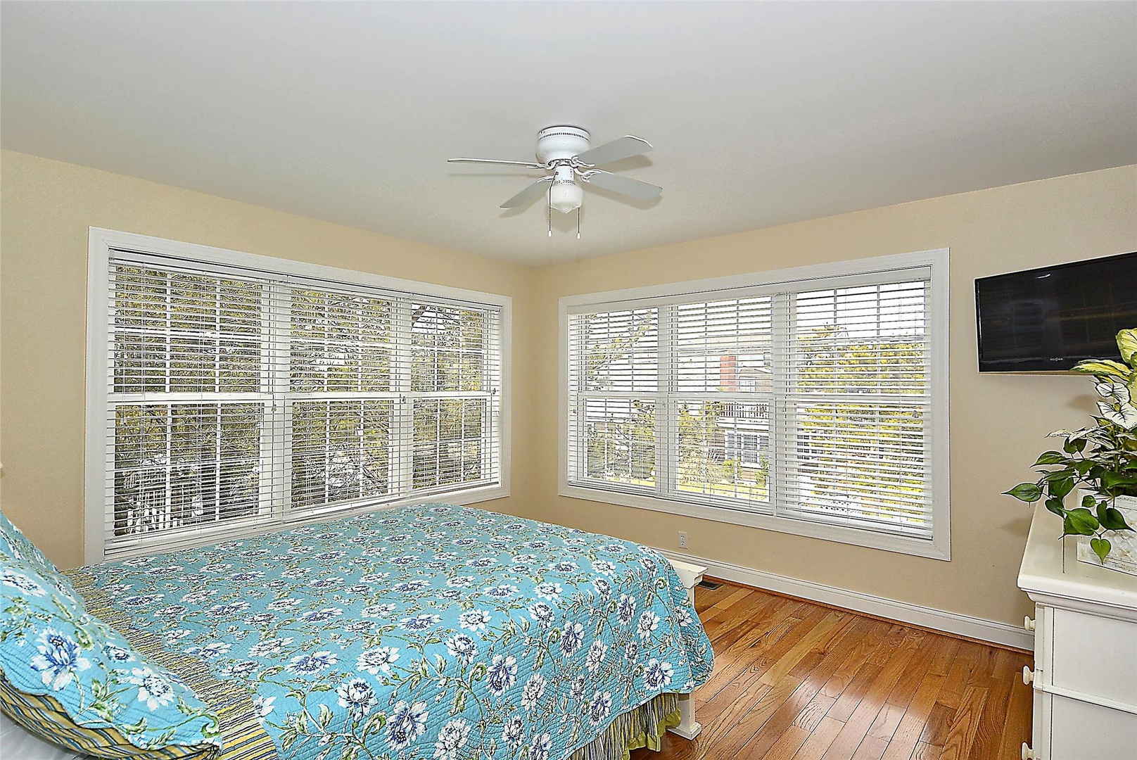 Your bedroom features warm hardwood floors, large windows with blinds for privacy, a ceiling fan for comfort, and a mounted TV for your entertainment.