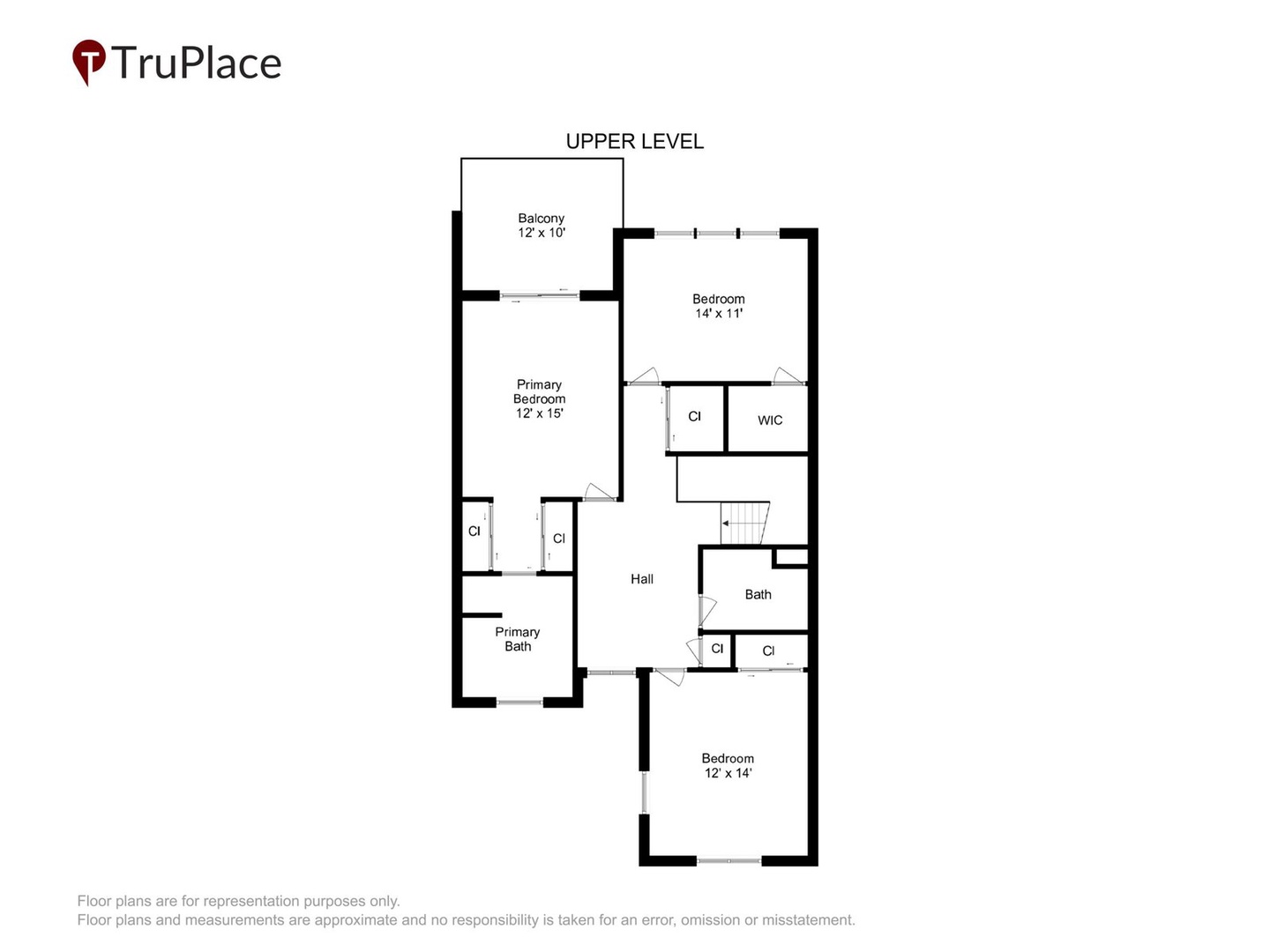 Upper level floor plan showcasing three spacious bedrooms, two full bathrooms, and private balcony for your comfort.