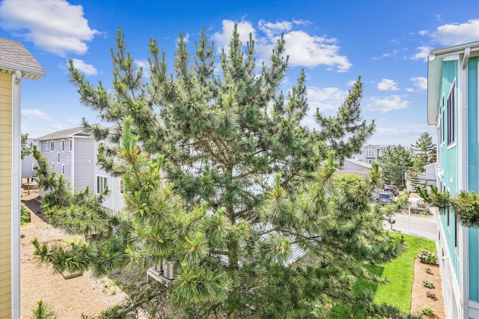 A bright summer day showcases the property's lush green landscaping and peaceful residential surroundings, with mature pine trees and colorful gardens framing the area.