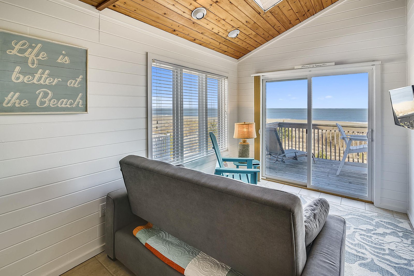 Relax in your cozy living space with stunning ocean views right through the glass doors, steps from your private balcony overlooking the beach.