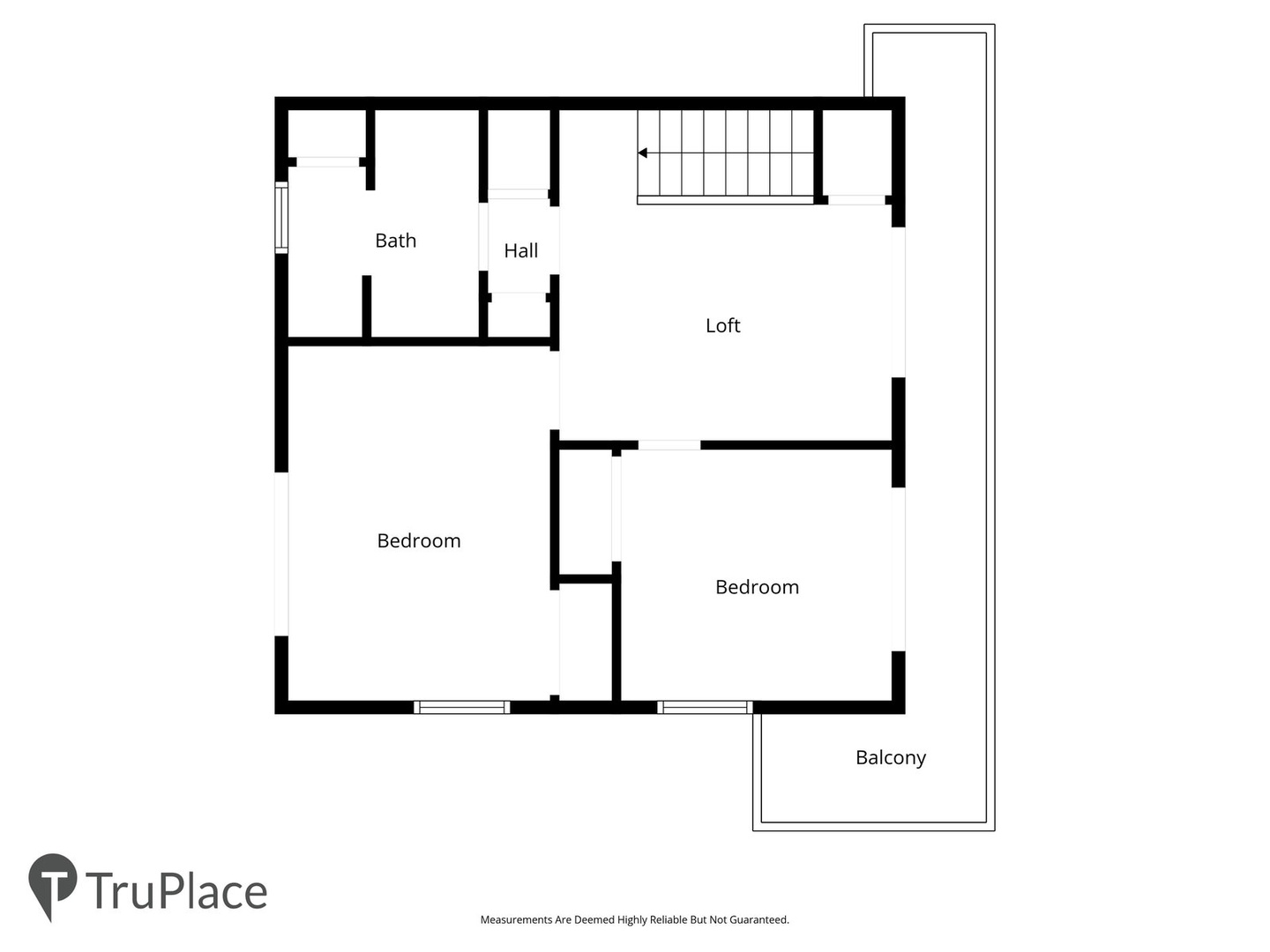 This floor plan shows the layout of your rental with two bedrooms, a bathroom, a loft space, and a private balcony—perfect for planning your stay.