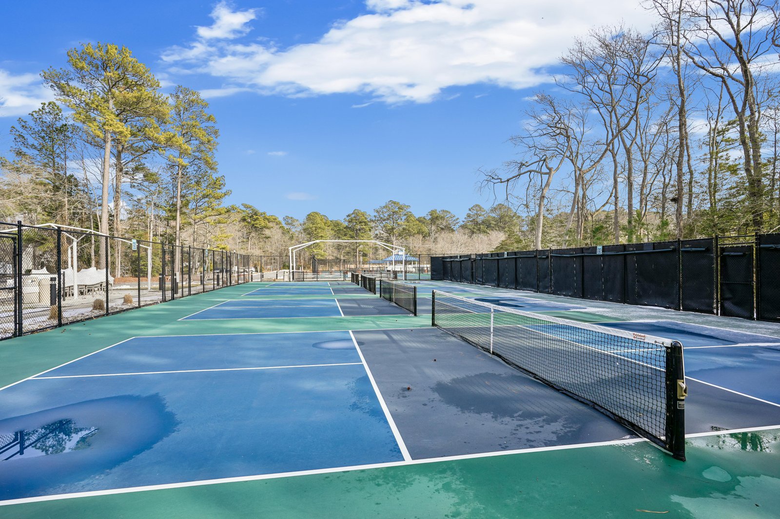 Challenge your friends to a friendly match on these pristine courts, surrounded by tall trees and clear blue skies—perfect for an active vacation escape.