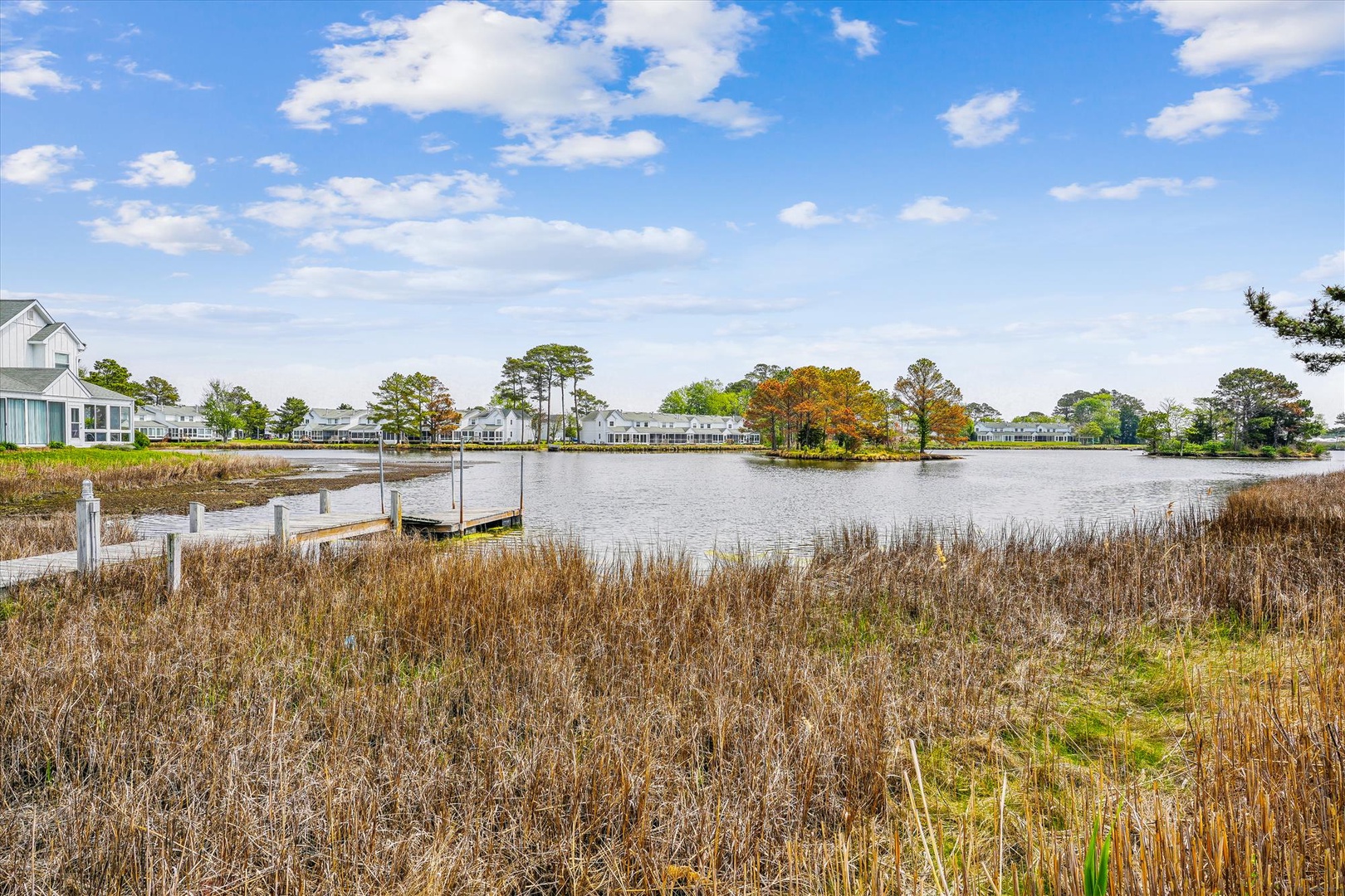 Peaceful lakefront community setting with natural marshlands and private dock access for waterside relaxation.