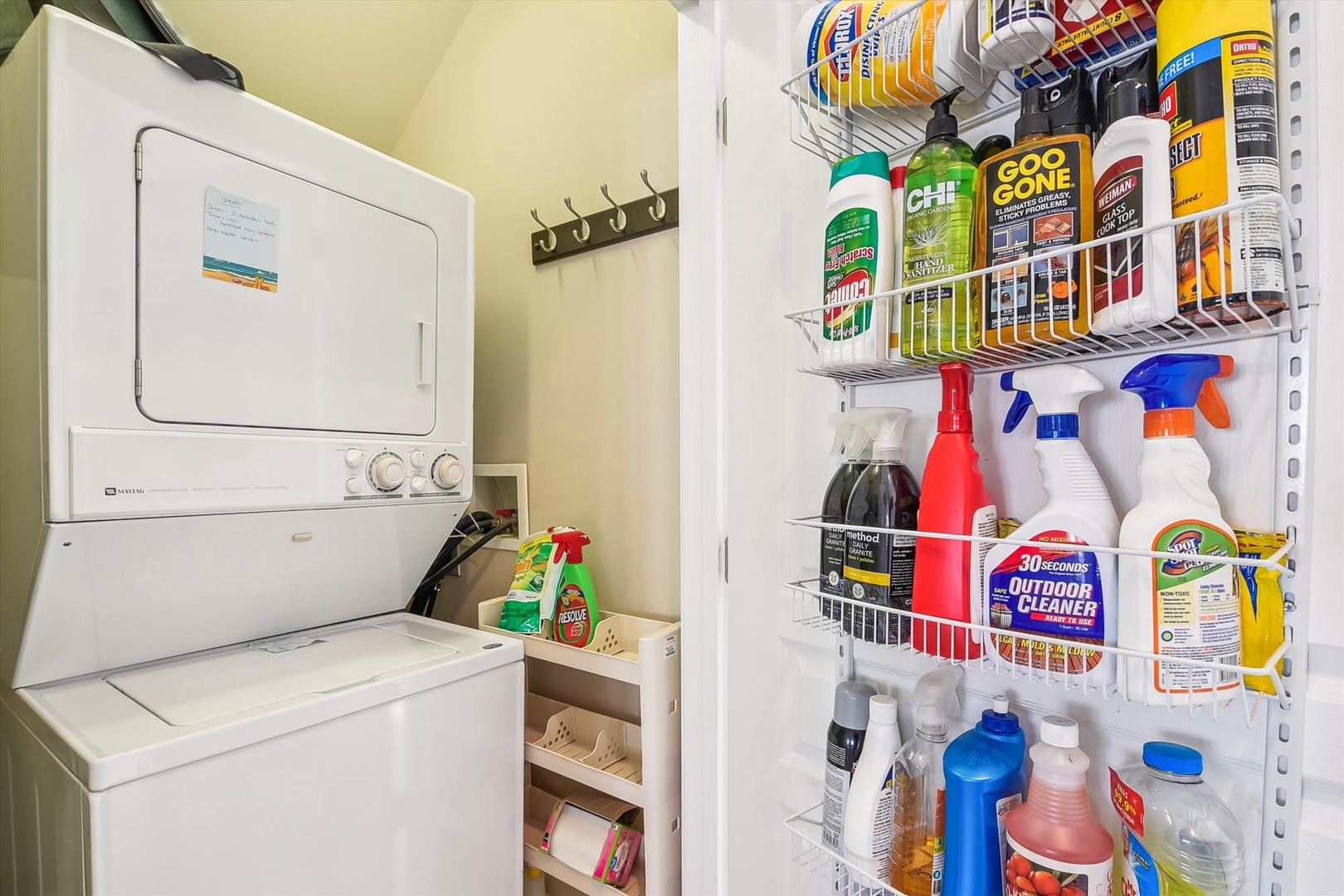 Convenient in-unit washer and dryer with organized storage keeps your stay hassle-free and your belongings fresh.