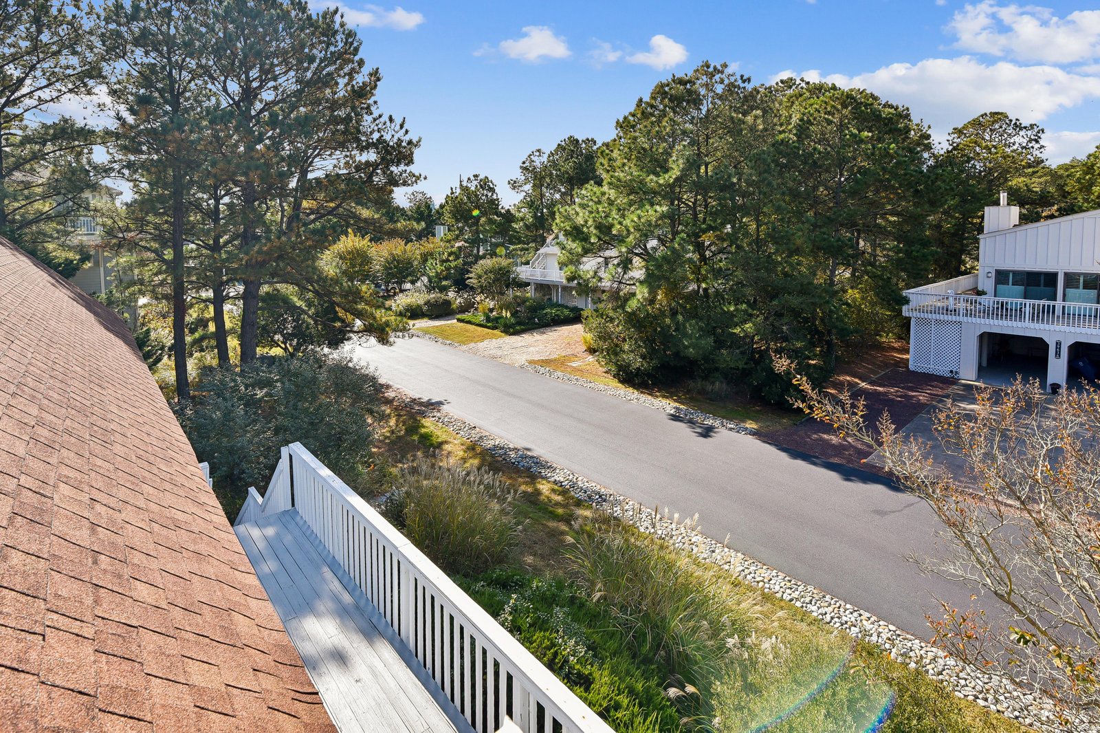 Elevated view showcasing the property's private driveway winding through mature trees and landscaped grounds, with neighboring homes visible in the peaceful residential setting.