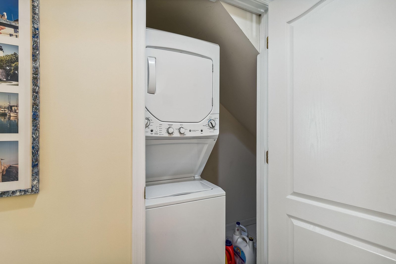 Your in-unit stacked washer and dryer is tucked away conveniently, so you can pack light and keep your wardrobe fresh throughout your stay.