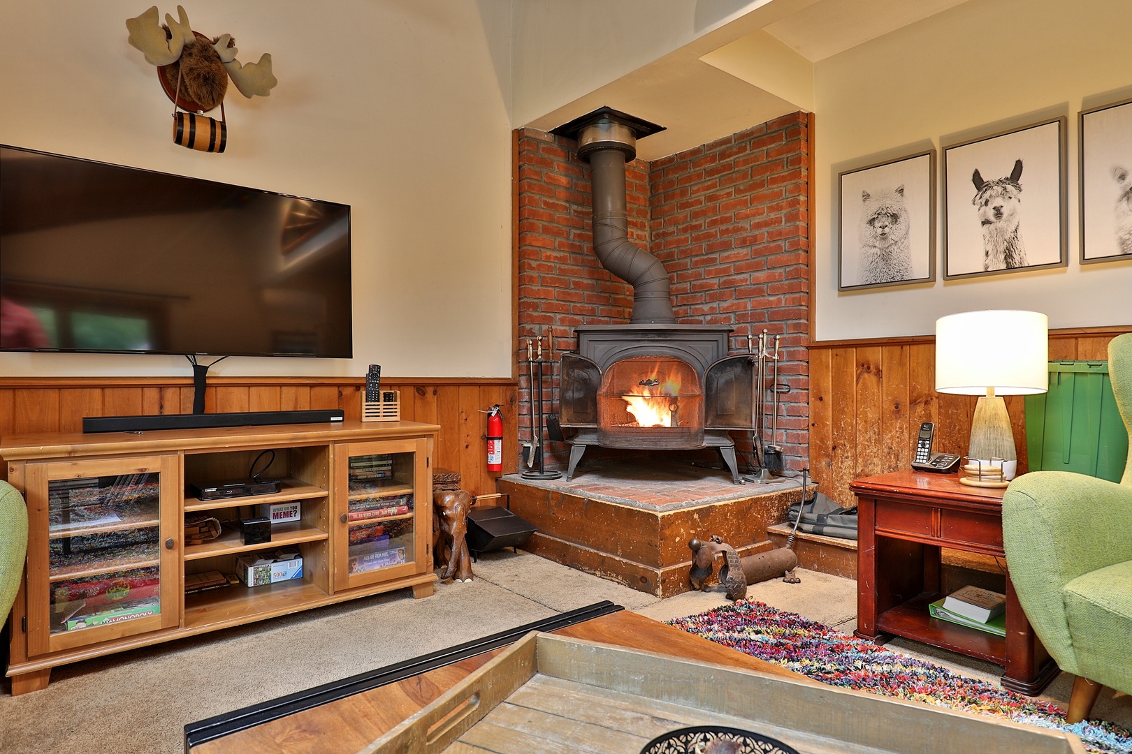 Smart TV and wood burning stove with firewood provided