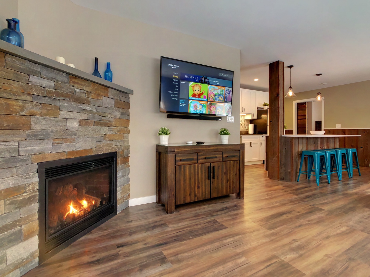 Gas fireplace and smart TV with soundbar