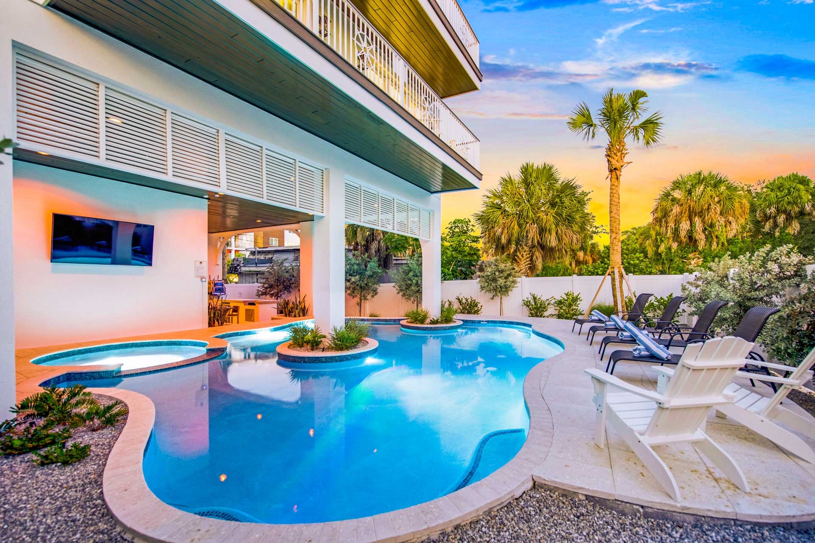 Poolside Seating, TV, and Sunset