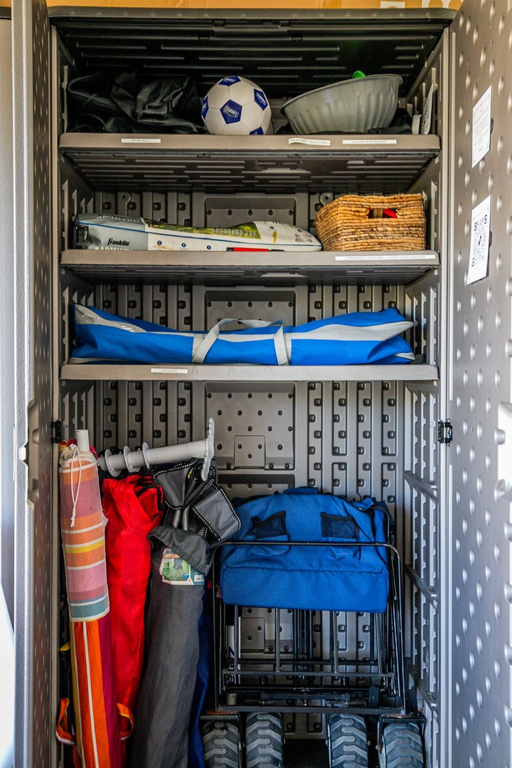 Your adventure gear awaits! This well-organized storage keeps beach toys, sports equipment, and outdoor essentials ready for your next seaside exploration.