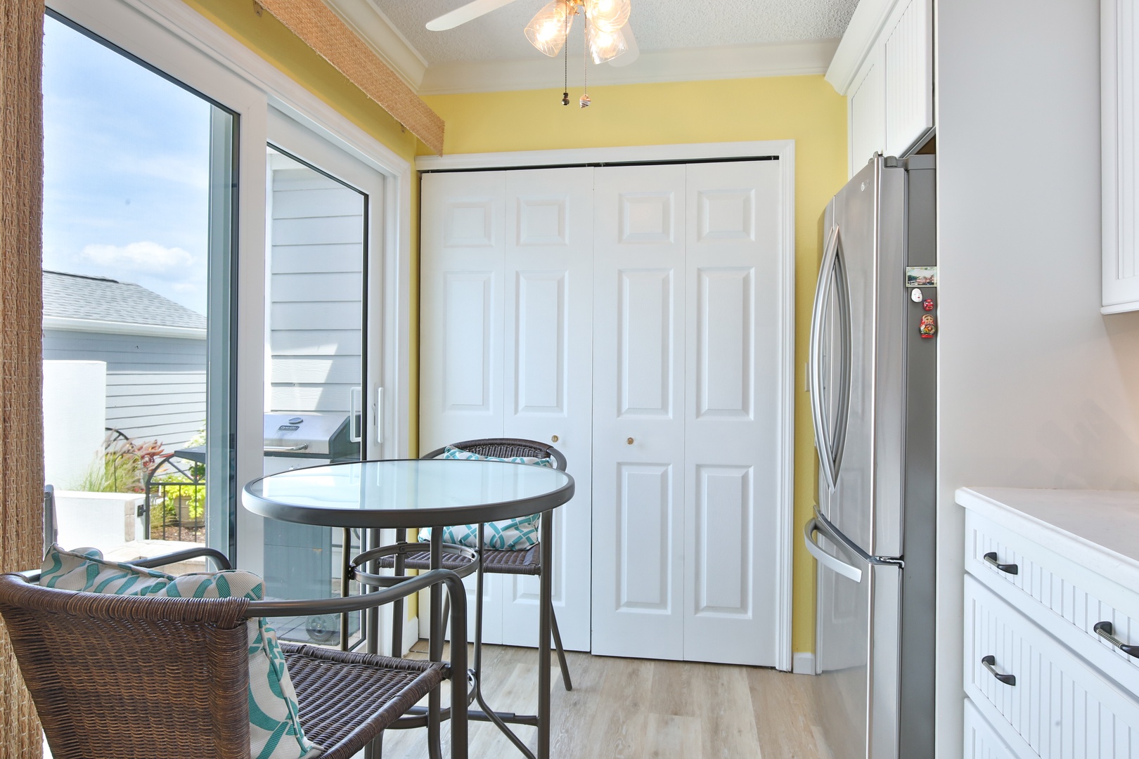 Bright, sunlit space where your morning coffee meets gentle ocean breezes. Step out to your private outdoor table and let the coastal charm set the tone for your day.