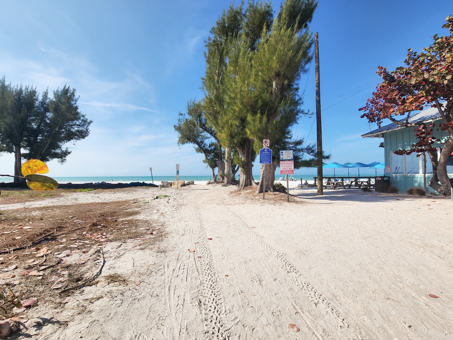 Pristine beach access with soft white sand, tropical trees, and crystal-clear turquoise waters just steps away from the property.