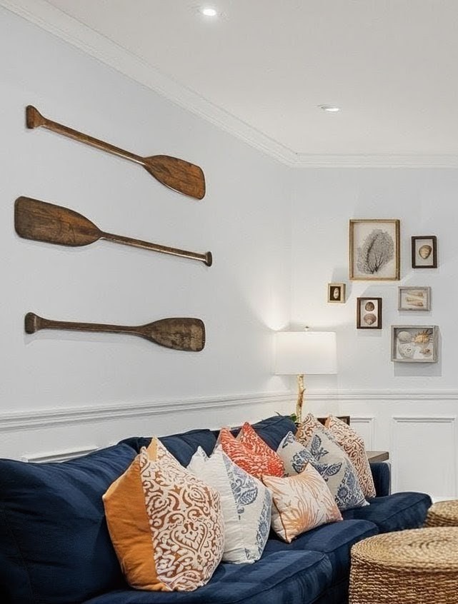 Sink into this cozy navy sofa surrounded by coastal charm - vintage oars and curated art create your perfect nautical retreat.